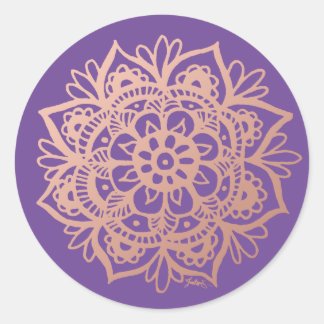 Roze Goud Roze Mandala Bloem op Paars Ronde Sticker