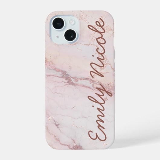 Roze Goud Roze Marmer Monogram iPhone 15 Case (Achterkant)