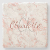 Roze goud roze marmeren monogram naam elegant stenen onderzetter (Voorkant)