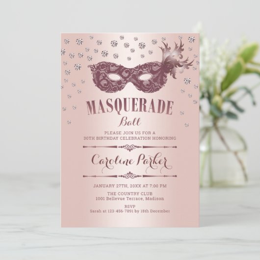 Roze Goud Roze Maskerade Bal Verjaardagsfeest Kaart (Staand voorkant)