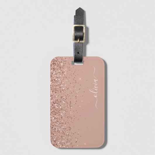 Roze Goud Roze Meisjesachtige Glitter Monogram Bagagelabel (Voorkant (verticaal))