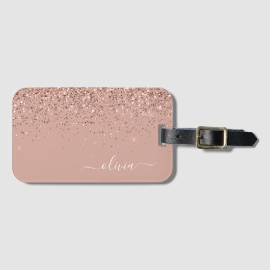 Roze Goud Roze Meisjesachtige Glitter Monogram Bagagelabel (Voorkant (horizontaal))