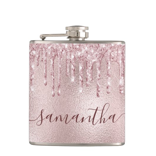 Roze goud roze monogram vrijgezellenfeest heupfles (Voorkant)