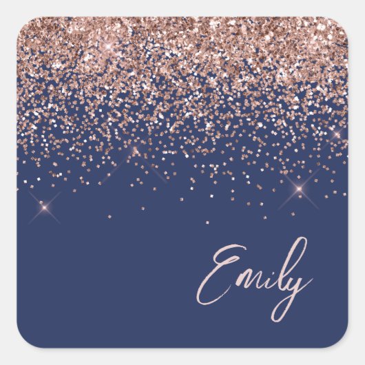Roze Goud Roze Navy Blauwe Glitter Naam Vierkante Sticker (Voorkant)