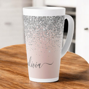 Roze Goud - Roze Rood Zilveren Glitter Monogram Latte Mok