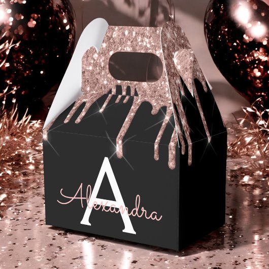 Roze Goud - Roze Rood Zwarte Glitter Monogram Bedankdoosjes