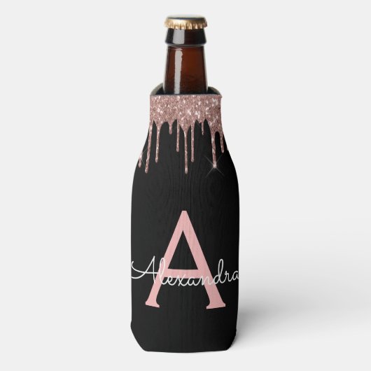 Roze Goud - Roze Rood Zwarte Glitter Monogram Naam Flesjeskoeler (Fles Voorkant)