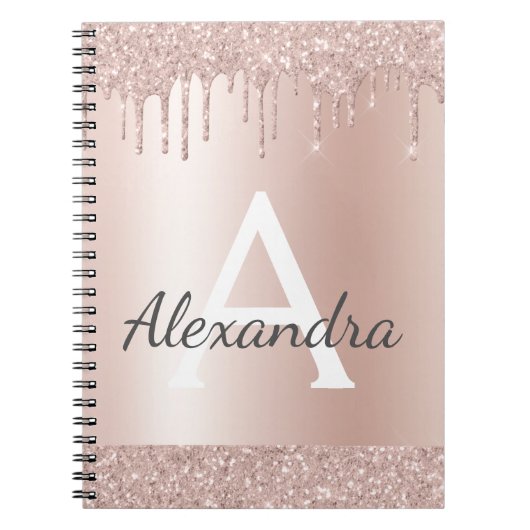 Roze Goud - Roze Roze Glitter Metaal Monogram Merk Notitieboek (Voorkant)