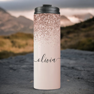Roze Goud - Roze Roze Glitter Metaal Monogram Merk Thermosbeker