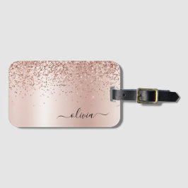 Roze Goud - Roze Roze Glitter Metaal Monogram Naam Bagagelabel
