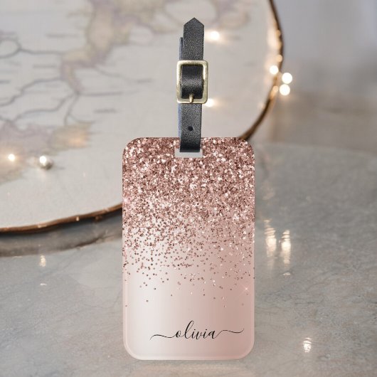 Roze Goud - Roze Roze Glitter Metaal Monogram Naam Bagagelabel