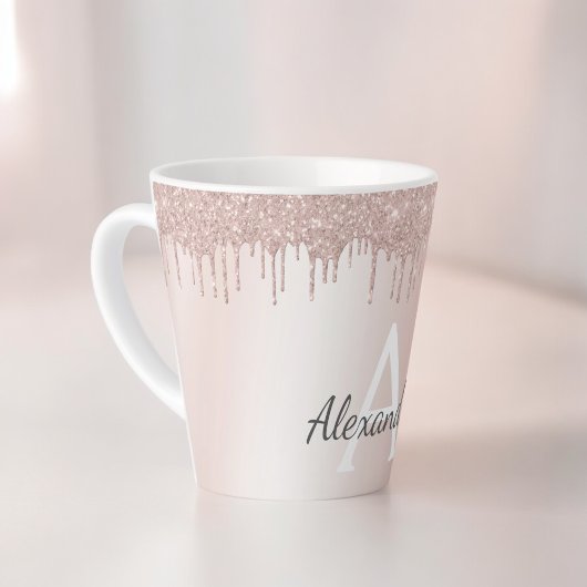 Roze Goud - Roze Roze Glitter Metaal Monogram Naam Latte Mok