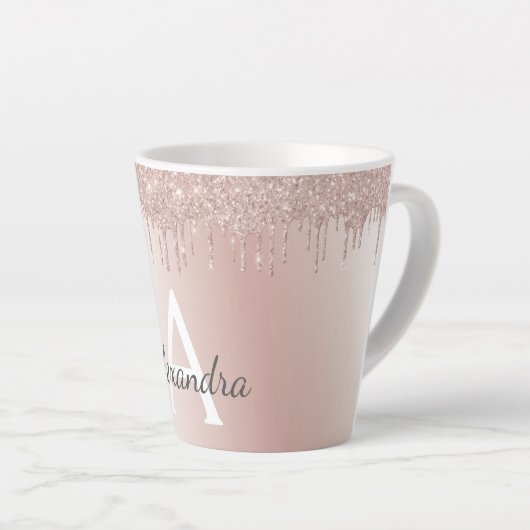 Roze Goud - Roze Roze Glitter Metaal Monogram Naam Latte Mok (Rechterhoek)