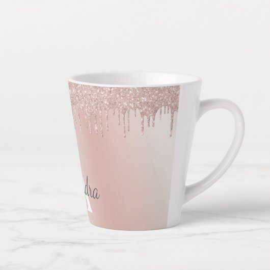 Roze Goud - Roze Roze Glitter Metaal Monogram Naam Latte Mok (Rechts)