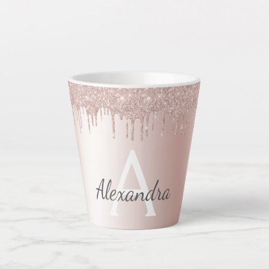 Roze Goud - Roze Roze Glitter Metaal Monogram Naam Latte Mok (Voorkant)
