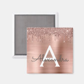 Roze Goud - Roze Roze Glitter Metaal Monogram Naam Magneet (Voorkant / Achterkant)