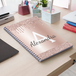 Roze Goud - Roze Roze Glitter Metaal Monogram Naam Notitieboek