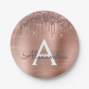 Roze Goud - Roze Roze Glitter Metaal Monogram Naam Papieren Bordje