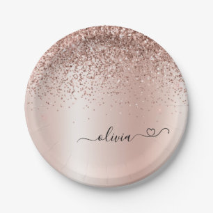 Roze Goud - Roze Roze Glitter Metaal Monogram Naam Papieren Bordje