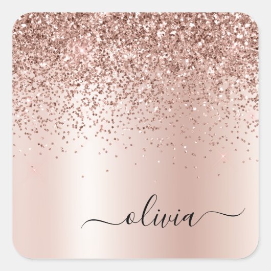 Roze Goud - Roze Roze Glitter Metaal Monogram Naam Vierkante Sticker (Voorkant)