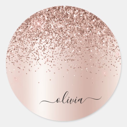 Roze Goud - Roze Roze Glitter Metaal Monogram Name Ronde Sticker (Voorkant)