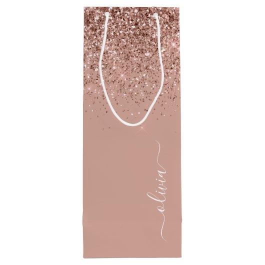 Roze Goud Roze Roze Glitter Schrift Monogram Vrouw Wijn Cadeautas (Achterkant)