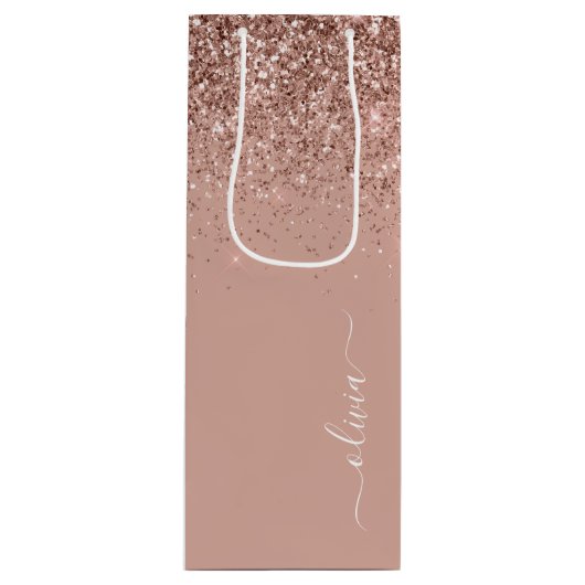 Roze Goud Roze Roze Glitter Schrift Monogram Vrouw Wijn Cadeautas (Voorkant)