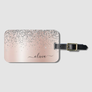 Roze Goud - Roze Roze Glitter Zilver Monogram Bagagelabel
