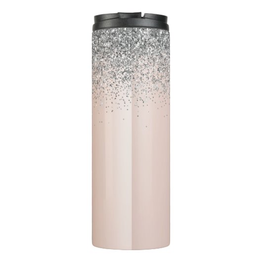 Roze Goud - Roze Roze Glitter Zilver Monogram Thermosbeker (Achterkant)