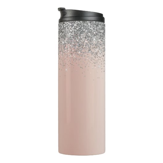 Roze Goud - Roze Roze Glitter Zilver Monogram Thermosbeker (Geroteerd rechts)