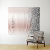 Roze Goud - Roze Roze Glitter Zilver Monogram Wandkleed (In Situ (horizontaal))