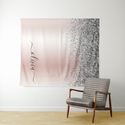 Roze Goud - Roze Roze Glitter Zilver Monogram Wandkleed (In Situ (horizontaal))