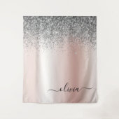 Roze Goud - Roze Roze Glitter Zilver Monogram Wandkleed (Voorkant)