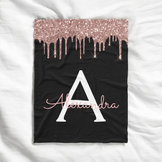 Roze Goud - Roze Roze Glitter Zwart Monogram Fleece Deken