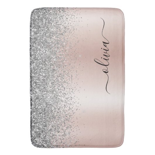 Roze Goud - Roze Roze Zilver Glitter Monogram Badmat (Voorkant Verticaal)
