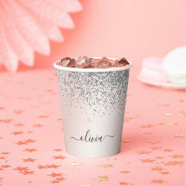 Roze Goud - Roze Roze Zilver Glitter Monogram Papieren Bekers