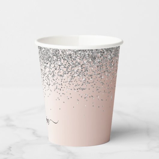 Roze Goud - Roze Roze Zilver Glitter Monogram Papieren Bekers
