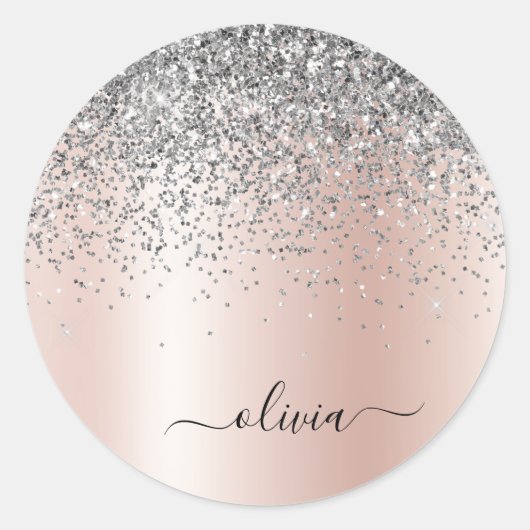 Roze Goud - Roze Roze Zilver Glitter Monogram Ronde Sticker (Voorkant)