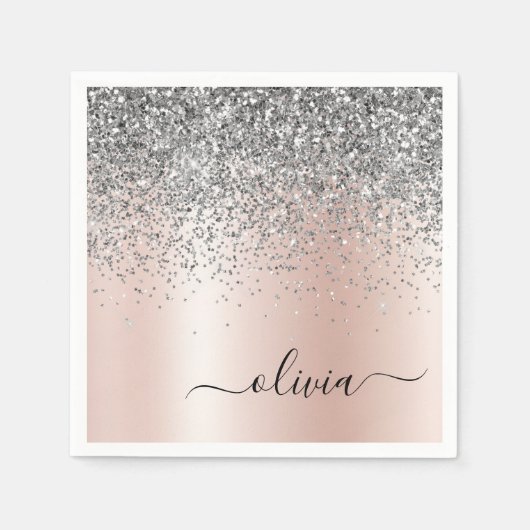 Roze Goud - Roze Roze Zilver Glitter Monogram Servet (Voorkant)