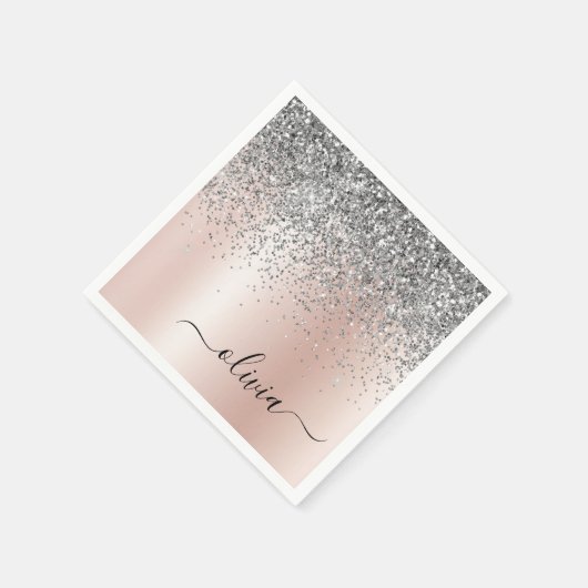 Roze Goud - Roze Roze Zilver Glitter Monogram Servet (Hoek)