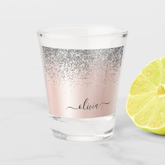Roze Goud - Roze Roze Zilver Glitter Monogram Shot Glas (Voorkant)