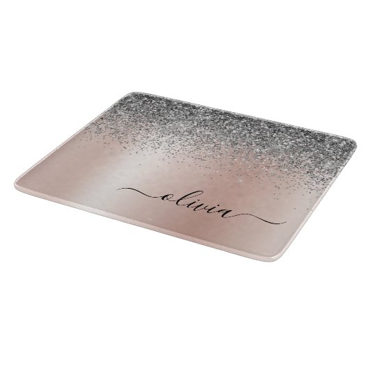 Roze Goud - Roze Roze Zilver Glitter Monogram Snijplank (Hoek)