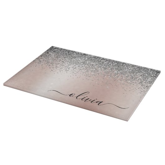 Roze Goud - Roze Roze Zilver Glitter Monogram Snijplank (Hoek)