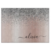 Roze Goud - Roze Roze Zilver Glitter Monogram Snijplank (Voorkant)