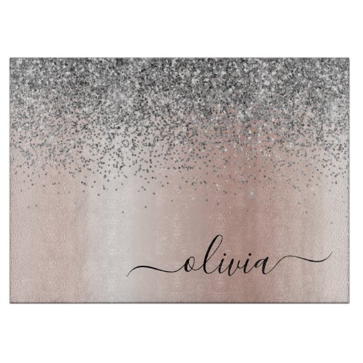 Roze Goud - Roze Roze Zilver Glitter Monogram Snijplank (Voorkant)