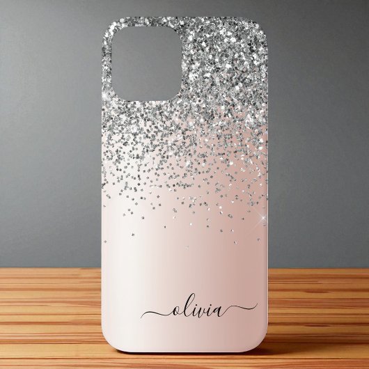 Roze Goud - Roze Roze Zilveren Glitter Monogram Case-Mate iPhone Case