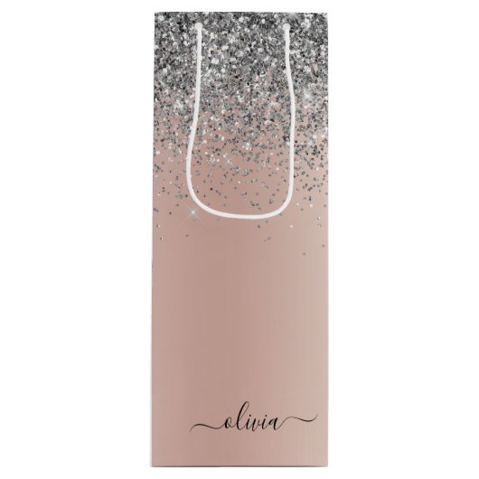 Roze Goud - Roze Roze Zilveren Glitter Monogram Wijn Cadeautas (Voorkant)