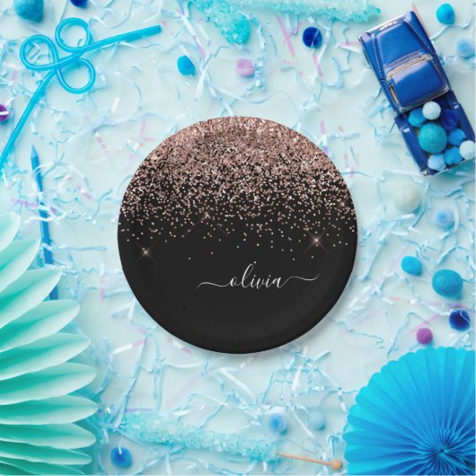 Roze Goud - Roze Roze Zwarte Glitter Monogram Naam Papieren Bordje (Feest)