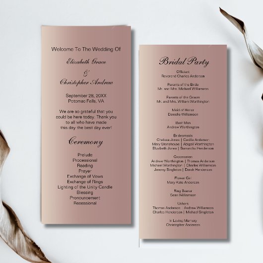 Roze Goud Roze Trendy Modern Huwelijksprogramma Menu