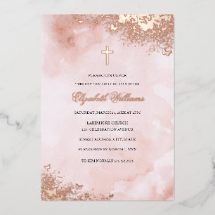 Roze Goud Roze Vlinder Kruis Meisje Doopfeest Folie Uitnodiging